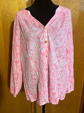 Lilly Pulitzer Medium Elsa Button Front Havana Pink Clawdia Blouse
